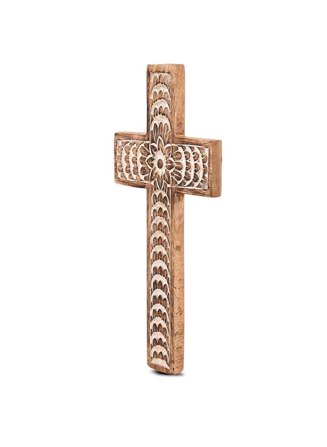 EDHAS Mango Wood White Cross Carved Floral-Design Family Cross Decor,Home Decoration (10" x 6" x 0.5") - Image 3